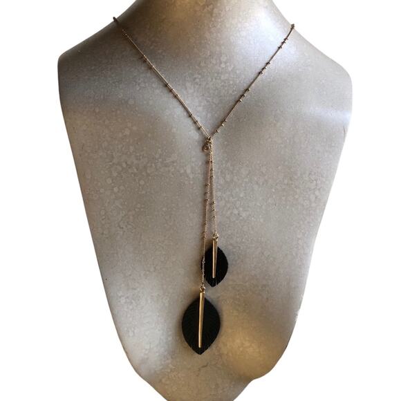 Gold Tone Small Gold Beads Black Fringed Feathered With Gold Bar Lariat Necklace - Picture 1 of 13